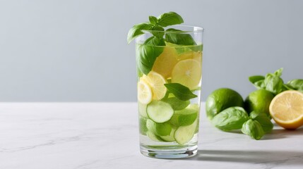Fototapeta premium Refreshing cucumber lemonade with basil and lemon slices in a tall glass, sideangle view highlighting vibrant greens and bright yellows against a crisp white background