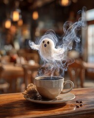 Ghostly coffee concept with smoke ghost emerging from coffee cup, surreal smoke ghost coffee art, ghostly smoke rising from coffee in a cafe concept
