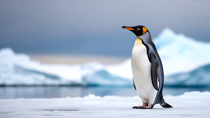 Obraz premium A king penguin standing on ice with snow-covered mountains in the background