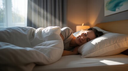 Woman sleeping peacefully in bed, morning sun rays, cozy bedroom, comfortable bedding, waking up refreshed, serene atmosphere
