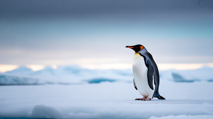 Fototapeta premium A solitary emperor penguin stands on an icy landscape under a cloudy sky in Antarctica.