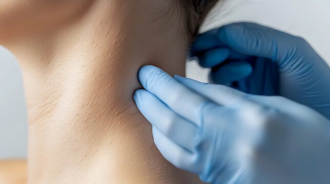 Neck examination: gloved hand palpates the neck to detect abnormalities during medical checkup. Healthcare professional checking for swollen lymph nodes. Close-up, professional setting.