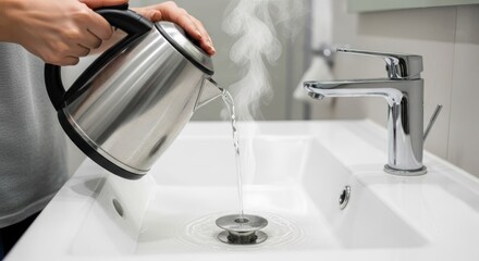 A person pouring hot water from a kettle into a sink.