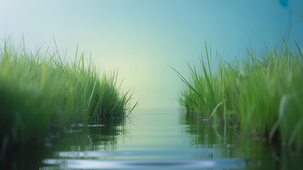 Naklejka premium A serene view of green grass growing along the edges of a calm water surface with a soft gradient sky in the background.