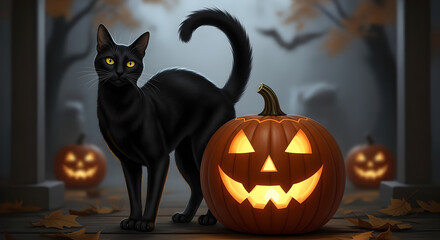Mysterious Black Cat with Glowing Yellow Eyes Sitting Next to Scary Jack-o'-lantern in Dark Forest