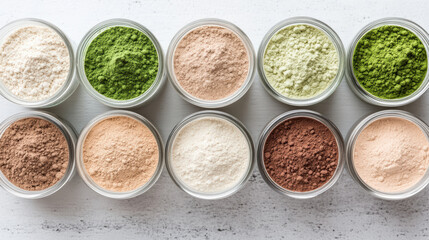 Close up of superfood powders in small jars, showcasing vibrant colors and textures
