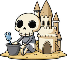 Sunbathing ghosts or beach skeletons Cute skeleton character building a sandcastle on the beach
