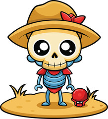 Sunbathing ghosts or beach skeletons Cute cartoon skeleton wearing a straw hat and playing with a ball