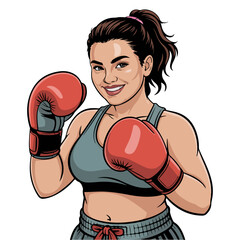 A determined female boxer, radiating confidence and strength, stands ready for her next match. With her boxing gloves up, she embodies athleticism and the fighting spirit.