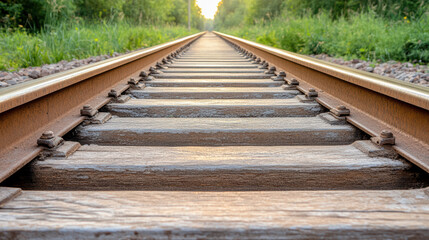 Fototapeta premium Close up of train tracks leading into distance, surrounded by lush greenery and sunlight