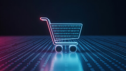 Digital shopping cart with binary code on a futuristic data grid background