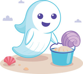 Sunbathing ghosts or beach skeletons Cute cartoon ghost playing with a bucket and shell on the beach