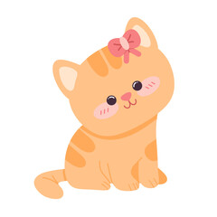 Obraz premium Adorable orange tabby kitten with a cute pink bow on its head. A charming cartoon character illustration isolated on a white background
