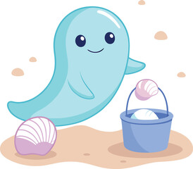 Sunbathing ghosts or beach skeletons Cute blue ghost enjoying a day at the sandy beach with shells