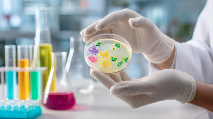 Laboratory Petri Dish with Colorful Bacteria Samples