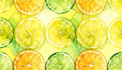 Citrus Slice Symphony: A vibrant watercolor depiction of sliced citrus fruits, arranged in a repeating pattern. A celebration of fresh, natural ingredients and culinary inspiration.