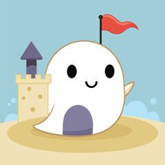Sunbathing ghosts or beach skeletons Cute ghost character at a sandcastle on the beach
