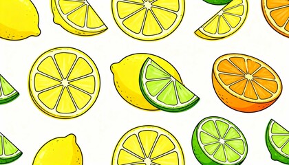 Citrus Symphony: A vibrant array of sliced and whole lemons, limes, and an orange bursts forth in a sunny, fresh composition.