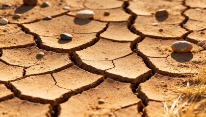 Drought-stricken land and Cracks: Close-up showcases the parched earth, its cracked surface bearing the mark of prolonged drought, texture detailed with cracked soil