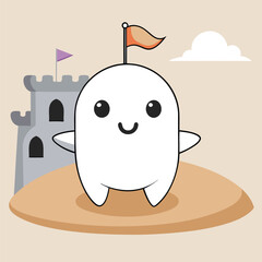 Sunbathing ghosts or beach skeletons Cute kawaii ghost character standing on sand with castle background