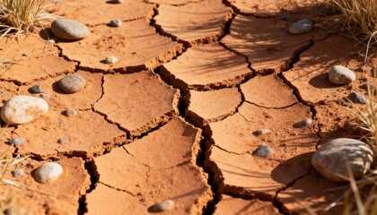 Arid Landscape: A stark close-up of parched, cracked earth reveals the raw impact of drought. Rugged textures tell a story of resilience against the odds.
