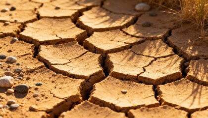 Cracked Earth: A close-up shot reveals parched earth, its surface deeply fissured by drought. The image evokes feelings of aridity and environmental distress.