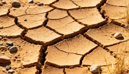 Arid Land: A close-up shot of cracked earth, showcasing a parched, dry landscape, symbolizing drought and environmental concerns.