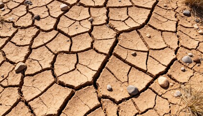 Cracked Earth: A close-up shot reveals the stark, textured surface of cracked earth. The intricate network of fissures, a testament to prolonged drought, creates a captivating abstract pattern