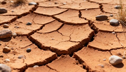 Dry Earth Texture: The stark beauty of cracked earth, a symbol of drought and climate change, meticulously detailed.