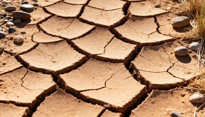 Cracked Earth: A detailed view of parched earth, showing the effects of drought, evokes a sense of desolation and environmental fragility.