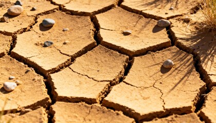 Cracked Earth's Surface: A close-up view reveals the textured, cracked surface of dry earth, exhibiting hexagonal patterns and showcasing the effects of dehydration and aridity.