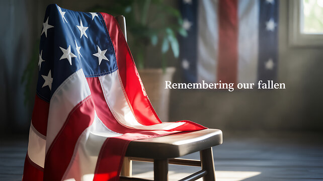 American flag draped over a chair in a solemn tribute to fallen service members
