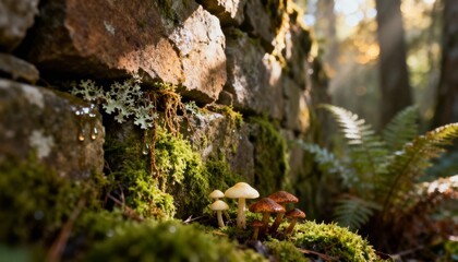 Stone Wall Serenity: Captured in the heart of the forest, a textured stone wall becomes a haven for lush moss, delicate fungi, and vibrant fern.