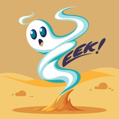 Sunbathing ghosts or beach skeletons Cartoon ghost exclaims eek in a desert landscape