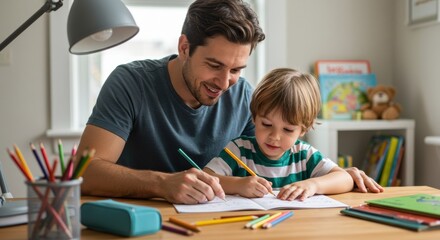 Father and son drawing together at home creative activity indoor setting engaging moment