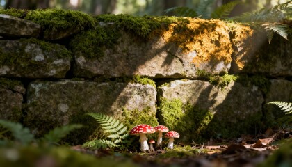 Magical Mushrooms in Forest: Captivating macro photograph of a cluster of vibrant red mushrooms, nestled beneath an aged, moss-covered stone wall within the tranquil embrace of an enchanted forest.