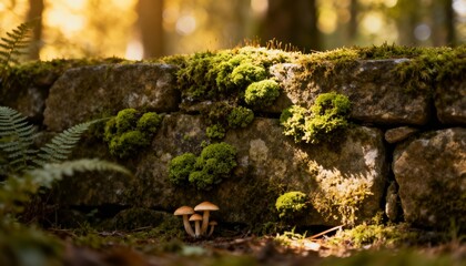 Ancient Stone Wall: An ancient stone wall, weathered by time and draped in vibrant green moss, stands in a sun-dappled forest, revealing nature's enduring beauty and the calm of the surroundings.