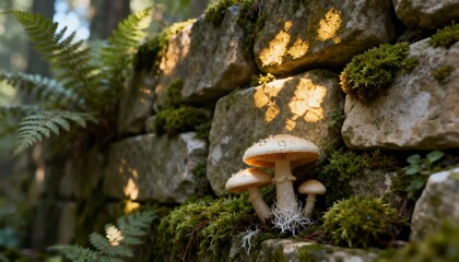 Ancient Stone Wall Embrace: A sun-dappled scene where time-worn stones of a weathered wall cradle thriving mushrooms, embraced by flourishing plant life, a symphony of nature's artistry.