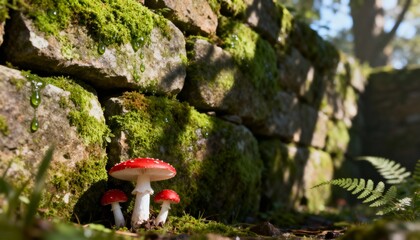 Mystical mushrooms, enchanting walls: Three vibrant red-capped mushrooms thrive near a weathered stone wall, where nature's delicate beauty flourishes. The light cast creates a captivating shadow.