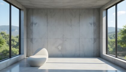 3D Render of Empty Concrete Room with Large Window and Nature View for Product Presentation Background