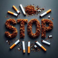 The word STOP is formed from shredded tobacco, surrounded by broken cigarettes