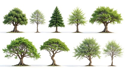 Collection of Beautiful Isolated Trees on White Background for Architecture, Decoration, and Natural Design Projects