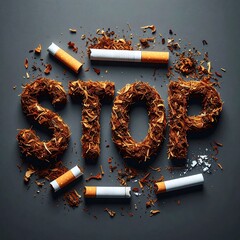The word 'STOP' is formed from shredded tobacco surrounding broken cigarettes on a dark gray background