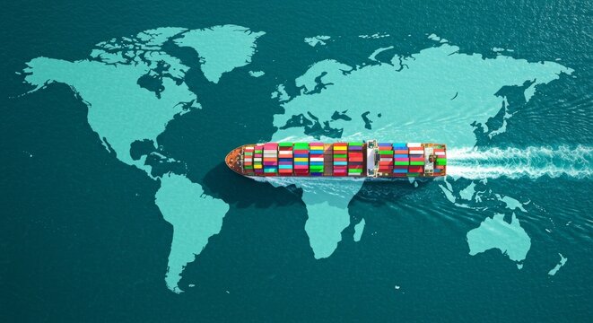 Global Shipping Cargo Vessel Crossing Ocean with World Map Overlay on Water Surface