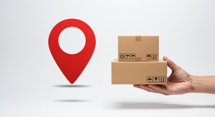 Parcel Delivery Concept with Hand Holding Boxes Inside Red Location Pin on White Background