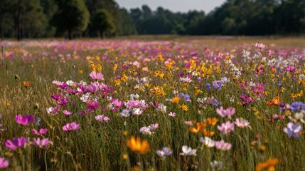 Fototapeta premium Vibrant Wildflower Field in Full Bloom with Colorful Blossoms and Sunlit Nature