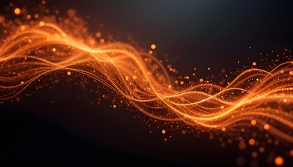 Abstract Orange Particle Flow with Futuristic Electro Light Lines on Dark 3D Background Illustration Design