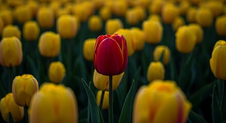 Red tulip among yellow tulips