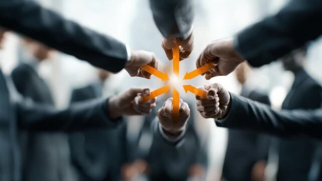 Teamwork and Collaboration: A team of individuals joins hands in a unified gesture, forming a connected star-like pattern that symbolizes teamwork, unity, and a shared vision.