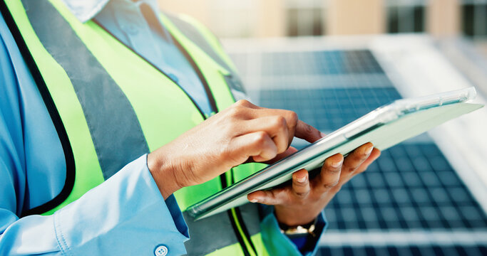Person, engineer and hands with tablet for solar power installation, checklist or safety in city. Closeup, technician or maintenance inspection with technology for sustainable or renewable energy - Powered by Adobe